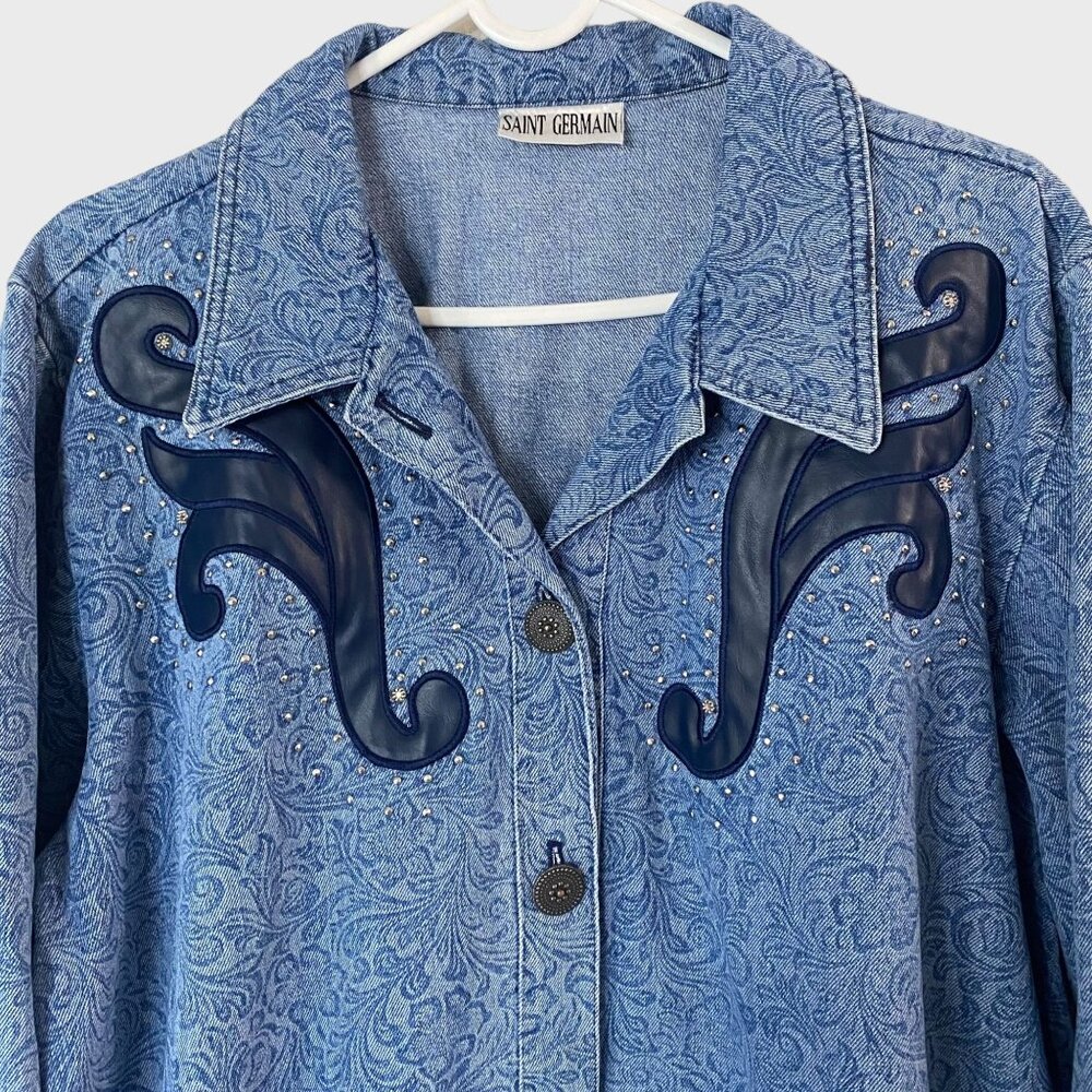 Vintage Saint Germain Blue Floral Motif Western Denim Jacket Women's Size Large - Picture 6 of 13